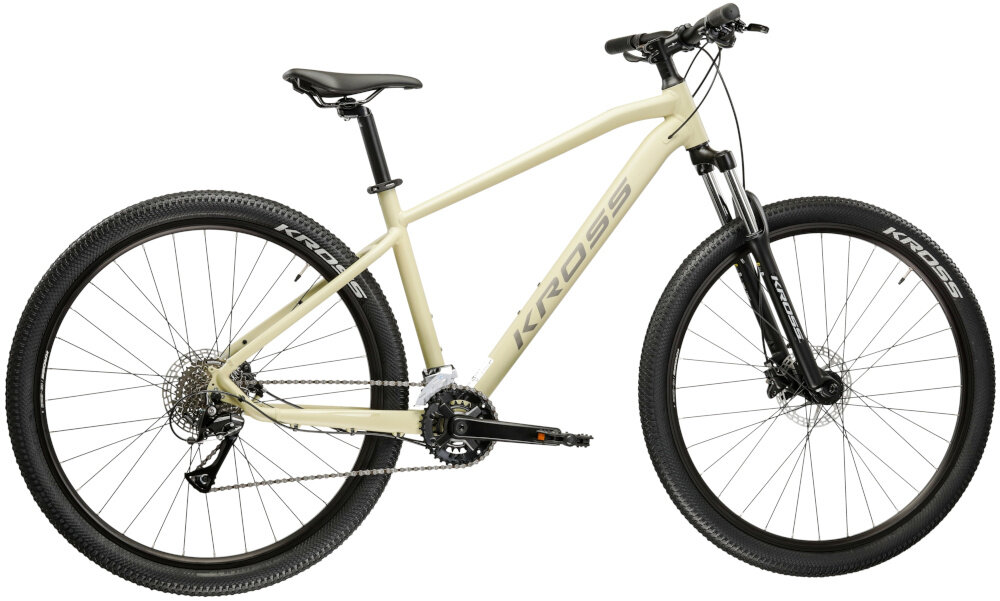 Rower górski MTB KROSS XPRT 9.1 M18 29 cali męski Beżowo-ciemnoszary rower na białym tle widoczny z boku 18-calowa aluminiowa rama rower zwinny lekki łatwo go podnieść odporność na korozję wybór rozmiaru ramy Twój wzrost mierzony w zrelaksowanej pozycji typ roweru dla osób o wzroście od 171 do 176 cm