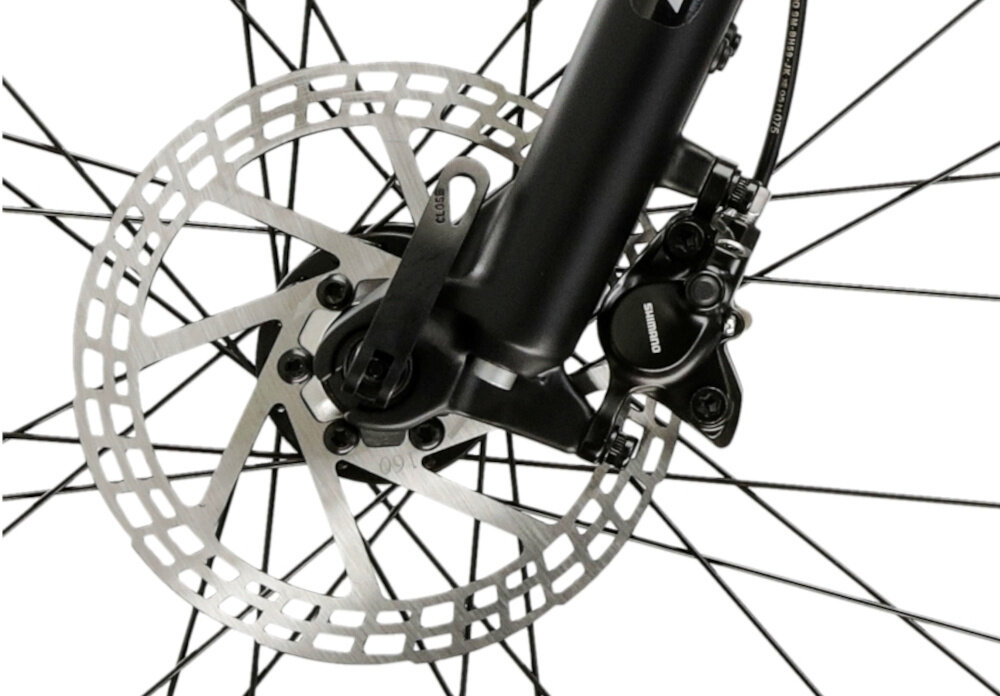 Rower górski MTB KROSS XPRT 9.1 M18 29 cali męski Beżowo-ciemnoszary zbliżenie na tarczę hamulcową podstawa bezpieczeństwa hamulce tarczowe hydrauliczne duża siła hamowania w każdych warunkach pogodowych i na każdej trasie płyn hamulcowy hamulce z przodu i z tyłu podwójny pakiet bezpieczeństwa