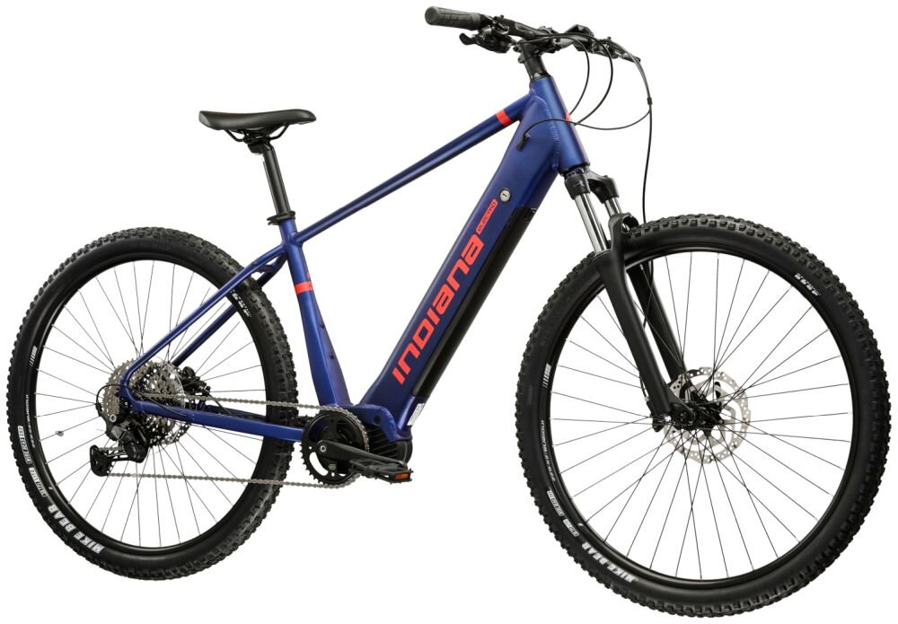 Rower elektryczny w kolorze zielono-czarnym z widocznym napisem \'Indiana\' na ramie. Opony mają napis \'KENDA\', a na ramie widnieje oznaczenie \'E-MTB 4.0\'.