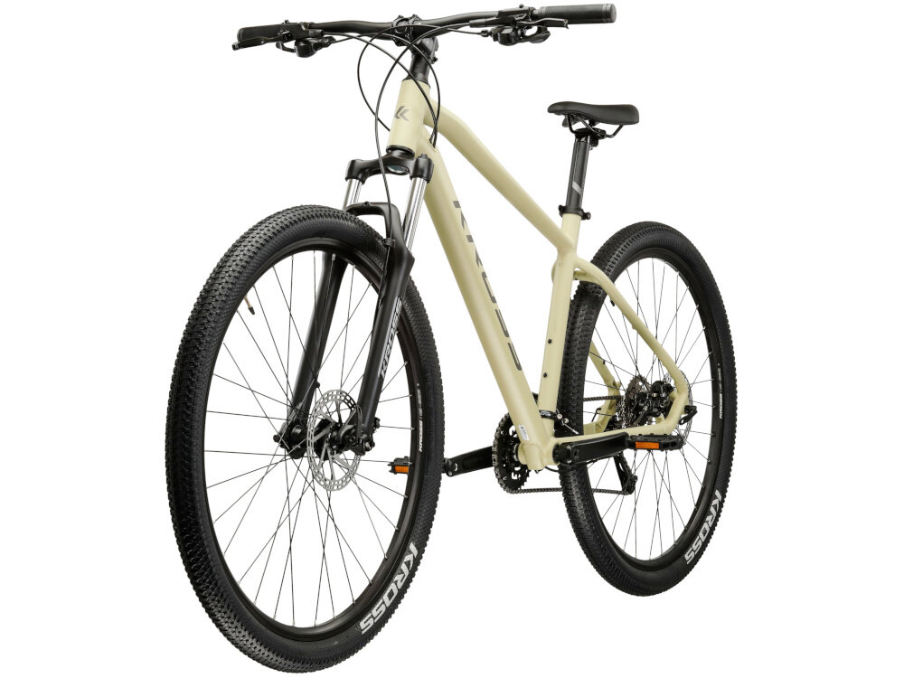 Rower górski MTB KROSS XPRT 9.1 M20 29 cali męski Beżowo-ciemnoszary rower na białym tle widoczny od przodu pod skosem środek codziennego transportu relaks pasja uniwersalność