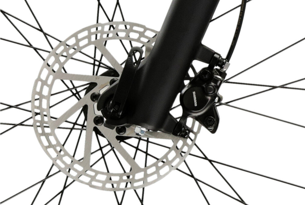 Rower górski MTB INDIANA X-Pulser 3.9 M18 29 cali męski Rubinowo-czarny zbliżenie na tarczę hamulcową podstawa bezpieczeństwa hamulce tarczowe hydrauliczne duża siła hamowania płyn hamulcowy hamulce z przodu i z tyłu podwójny pakiet bezpieczeństwa