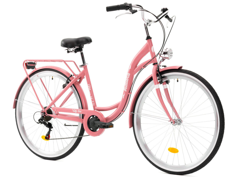 Rower miejski INDIANA Moena S7B 28 cali damski Antyczny-różowy rower na białym tle widoczny od przodu pod skosem uniwersalny rower miejski dla kobiet do codziennych dojazdów praktyczny ekologiczny środek transportu