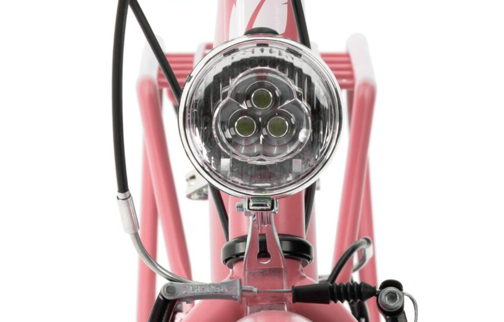 Rower miejski INDIANA Moena S7B 28 cali damski Antyczny-różowy zbliżenie na przednią lampę bezpieczeństwo przednie i tylne oświetlenie LED dobra widoczność bezpieczeństwo na drodze zasilane przez baterie odblaski dobrze widoczny na drodze bezpieczny wymagane przez prawo drogowe