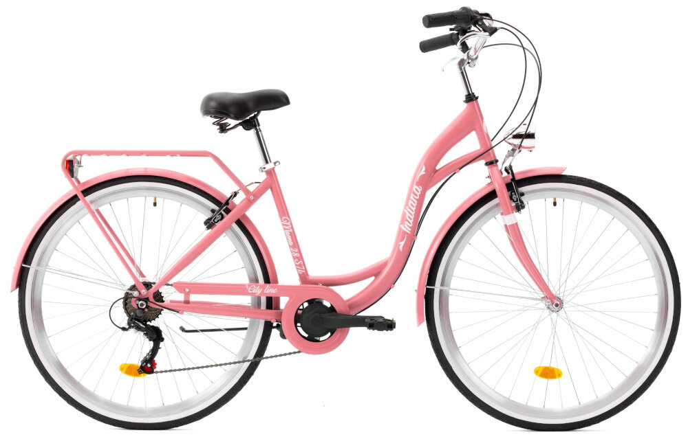 Rower miejski INDIANA Moena S7B 28 cali damski Antyczny-różowy rower na białym tle widoczny z boku komfort jazdy i odpowiednia kontrola nad rowerem 17-calowa aluminiowa rama typu holenderskiego rower jest zwinny lekki łatwo podnieść go odporność na korozję wybór rozmiaru ramy Twój wzrost mierzony w zrelaksowanej pozycji typ roweru dla osób o wzroście od 165 do 174 cm