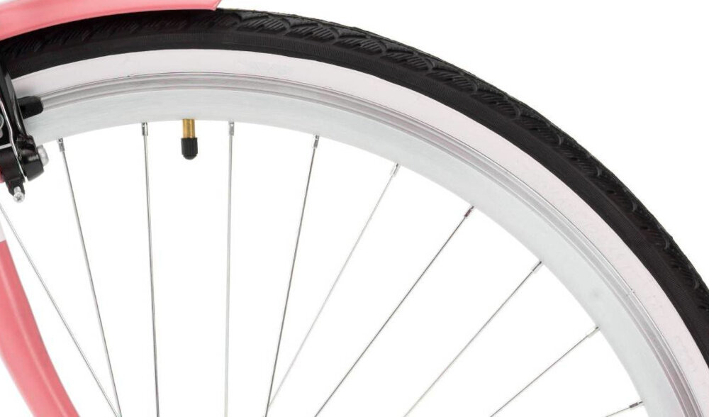 Rower miejski INDIANA Moena S7B 28 cali damski Antyczny-różowy zbliżenie na oponę rozmiar koła 28 cali łatwo pokonać różne przeszkody wąskie opony renomowanej marki WANDA stożkowe obręcze zachowanie regularnego kształtu kół stabilne trzymanie opony regularne sprawdzanie ciśnienia powietrza wartość na bocznej części opony