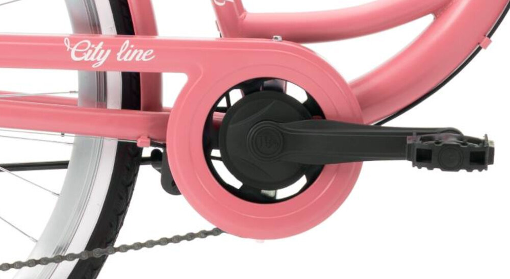 Rower miejski INDIANA Moena S7B 28 cali damski Antyczny-różowy zbliżenie na korbę widoczną z boku stalowa i wydajna konstrukcja korby marki JIWAN 38T wolnobieg marki JIWAN 38T wytrzyma obciążenie nawet w trudnych warunkach wytrzyma bardzo duży nacisk na pedały