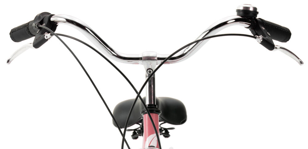Rower miejski INDIANA Moena S7B 28 cali damski Antyczny-różowy zbliżenie na kierownicę kierownica widoczna od przodu wąska kierownicy odporna na uszkodzenia mechaniczne uchwyty z antypoślizgowym wykończeniem stalowo-aluminiowy wspornik stabilne podparcie odpowiednia pozycja ciała