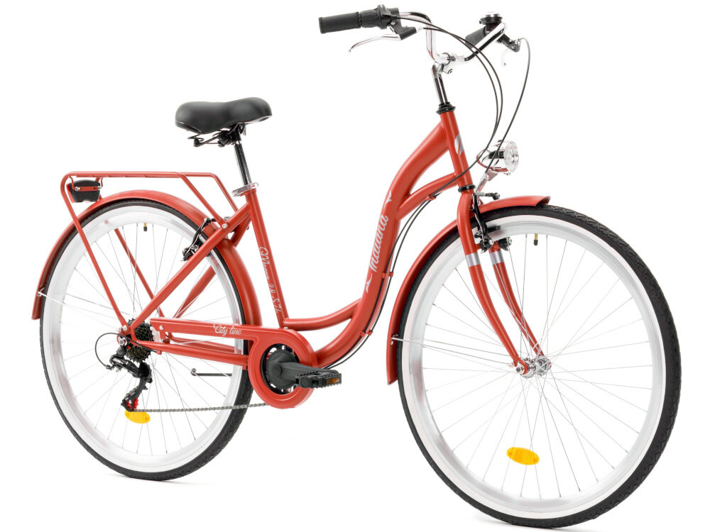 Rower miejski INDIANA Moena S7B 28 cali damski Perłowy róż rower na białym tle widoczny od przodu pod skosem uniwersalny rower miejski dla kobiet do codziennych dojazdów praktyczny ekologiczny środek transportu