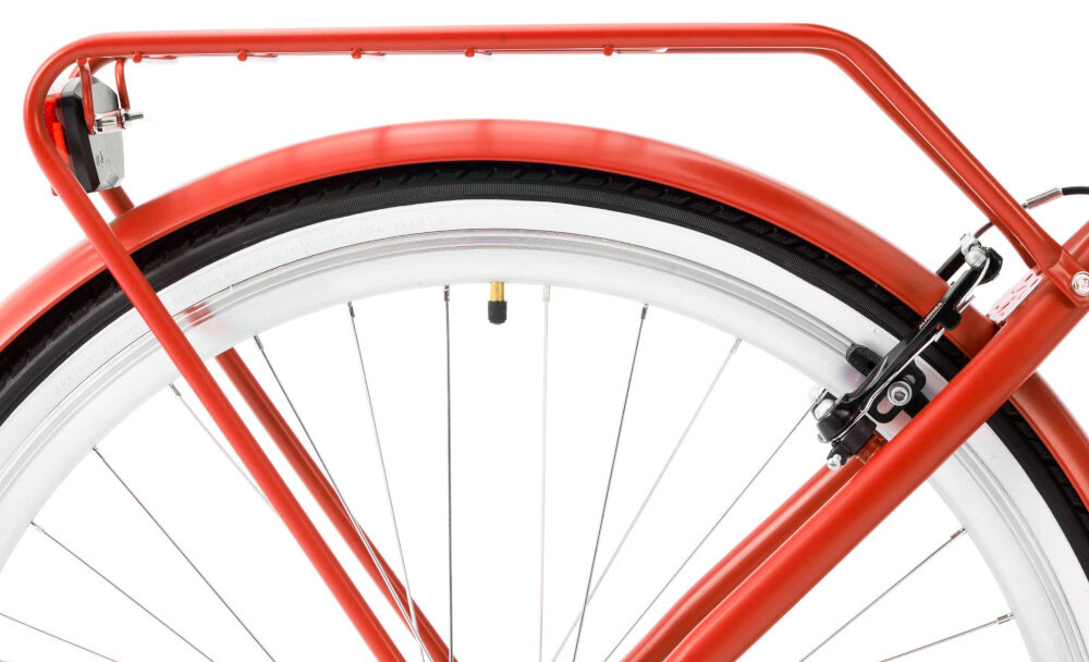 Rower miejski INDIANA Moena S7B 28 cali damski Perłowy róż zbliżenie na bagażnik bagażnik składana stopka w centralnym punkcie ciężkości dzwonek bezpieczne podróżowanie