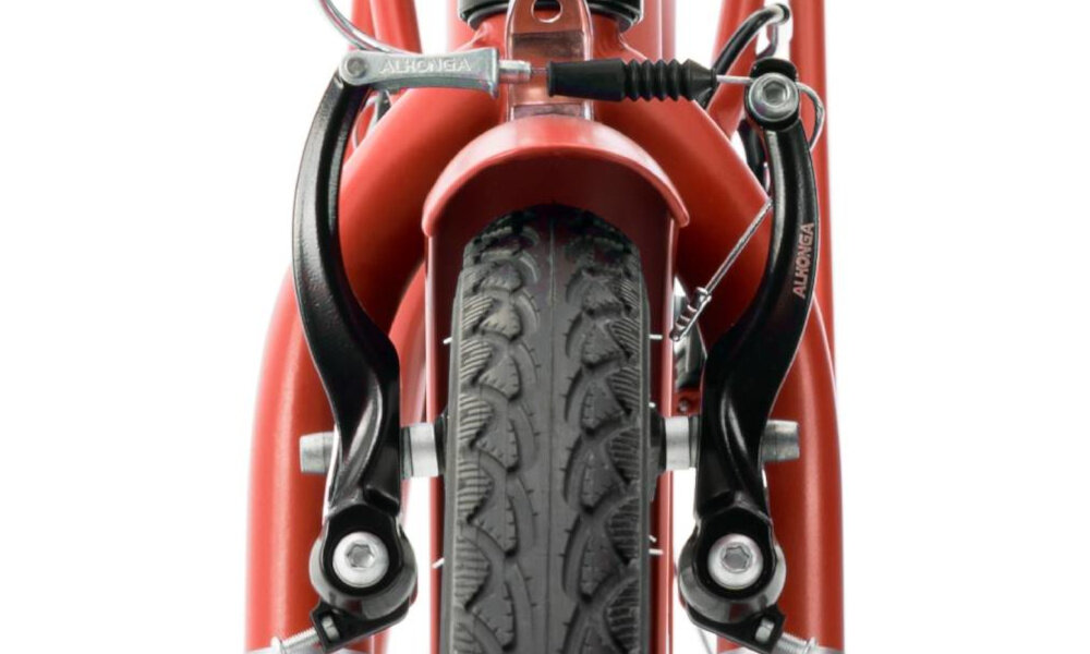 Rower miejski INDIANA Moena S7B 28 cali damski Perłowy róż zbliżenie na przedni hamulec podstawa bezpieczeństwa hamulce V-Brake lekkie duża siła hamowania hamulce z przodu i z tyłu podwójny pakiet bezpieczeństwa