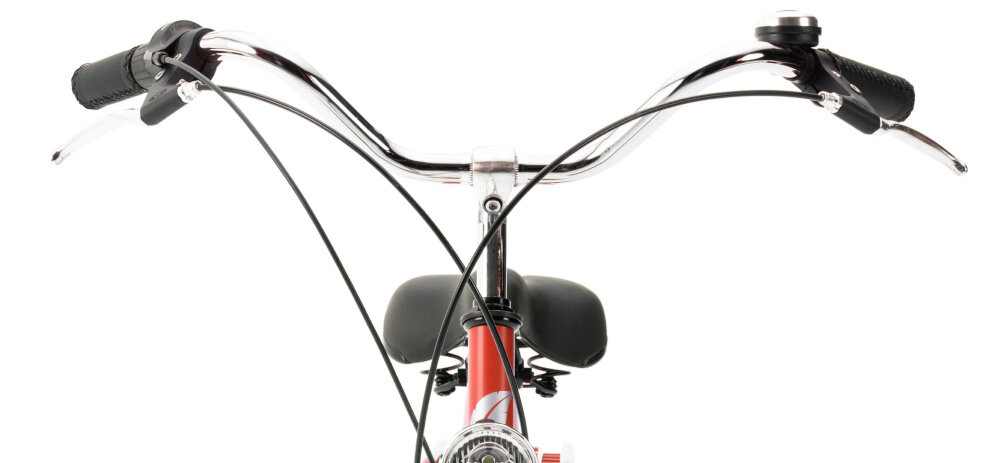 Rower miejski INDIANA Moena S7B 28 cali damski Perłowy róż zbliżenie na kierownicę kierownica widoczna od przodu wąska kierownicy odporna na uszkodzenia mechaniczne uchwyty z antypoślizgowym wykończeniem stalowo-aluminiowy wspornik stabilne podparcie odpowiednia pozycja ciała