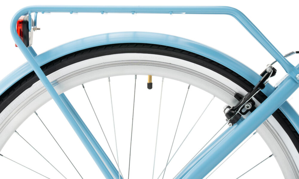 Rower miejski INDIANA Moena S7B 28 cali damski Pastelowy błękit zbliżenie na bagażnik bagażnik składana stopka w centralnym punkcie ciężkości dzwonek bezpieczne podróżowanie