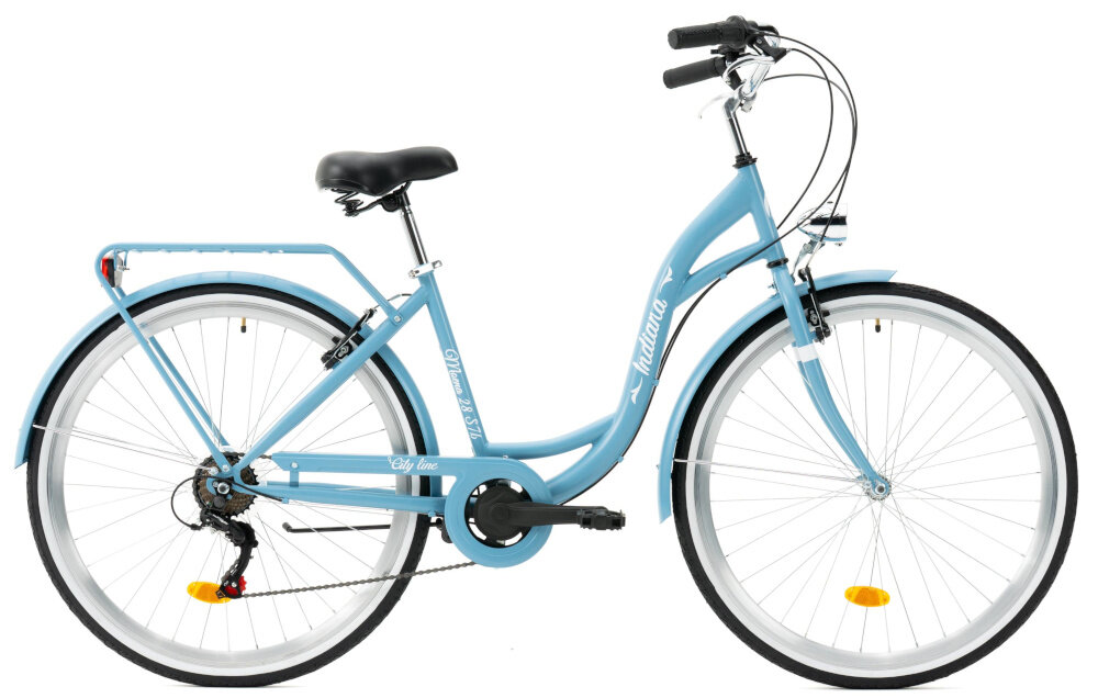 Rower miejski INDIANA Moena S7B 28 cali damski Pastelowy błękit rower na białym tle widoczny z boku komfort jazdy i odpowiednia kontrola nad rowerem 17-calowa aluminiowa rama typu holenderskiego rower jest zwinny lekki łatwo podnieść go odporność na korozję wybór rozmiaru ramy Twój wzrost mierzony w zrelaksowanej pozycji typ roweru dla osób o wzroście od 165 do 174 cm