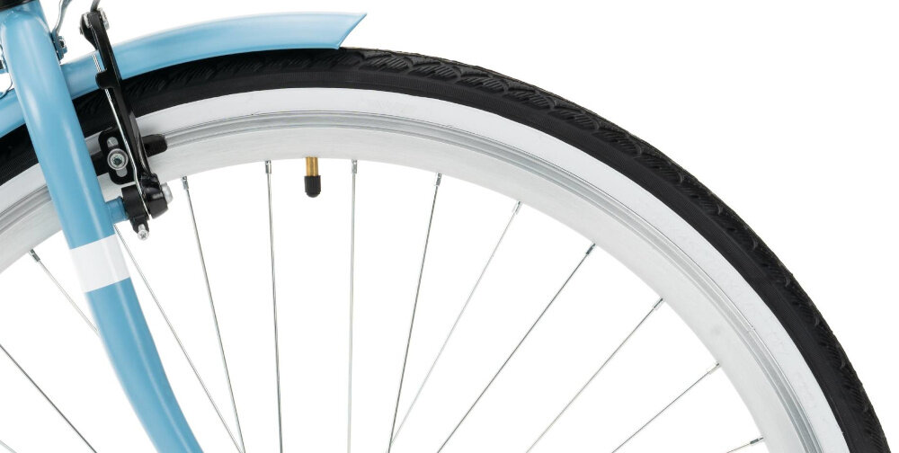 Rower miejski INDIANA Moena S7B 28 cali damski Pastelowy błękit zbliżenie na oponę rozmiar koła 28 cali łatwo pokonać różne przeszkody wąskie opony renomowanej marki WANDA stożkowe obręcze zachowanie regularnego kształtu kół stabilne trzymanie opony regularne sprawdzanie ciśnienia powietrza wartość na bocznej części opony