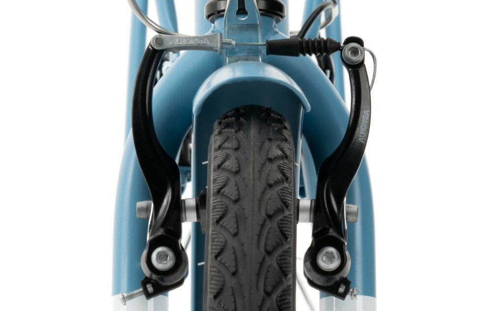 Rower miejski INDIANA Moena S7B 28 cali damski Pastelowy błękit zbliżenie na przedni hamulec podstawa bezpieczeństwa hamulce V-Brake lekkie duża siła hamowania hamulce z przodu i z tyłu podwójny pakiet bezpieczeństwa