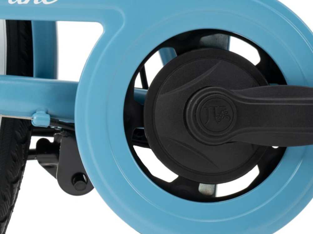 Rower miejski INDIANA Moena S7B 28 cali damski Pastelowy błękit zbliżenie na korbę widoczną z boku stalowa i wydajna konstrukcja korby marki JIWAN 38T wolnobieg marki JIWAN 38T wytrzyma obciążenie nawet w trudnych warunkach wytrzyma bardzo duży nacisk na pedały