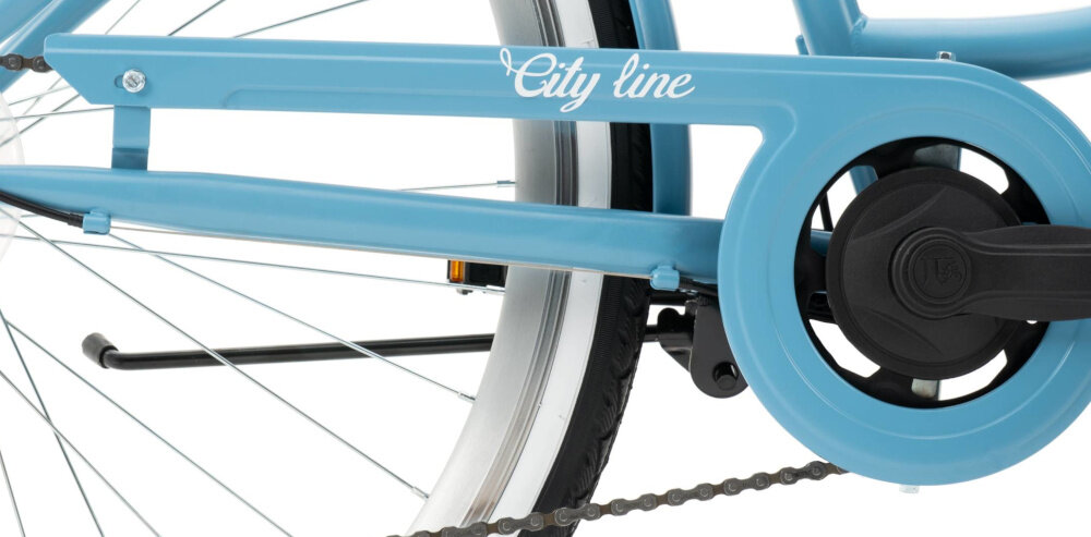 Rower miejski INDIANA Moena S7B 28 cali damski Pastelowy błękit zbliżenie na osłonę łańcucha osłona łańcucha ochronę przed brudem długa żywotność łańcucha bezpieczeństwo użytkowania błotniki ochrona przed zachlapaniem i brudem zapobiegają przenoszeniu brudu z koła