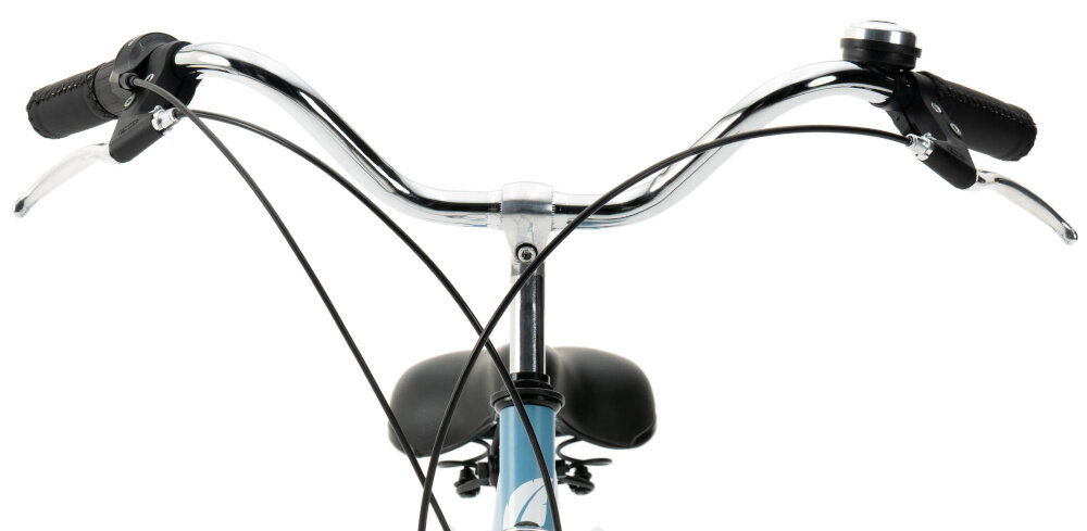 Rower miejski INDIANA Moena S7B 28 cali damski Pastelowy błękit zbliżenie na kierownicę kierownica widoczna od przodu wąska kierownicy odporna na uszkodzenia mechaniczne uchwyty z antypoślizgowym wykończeniem stalowo-aluminiowy wspornik stabilne podparcie odpowiednia pozycja ciała