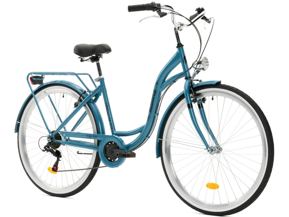 Rower miejski INDIANA Moena S7B 28 cali damski Niebieski rower na białym tle widoczny od przodu pod skosem uniwersalny rower miejski dla kobiet do codziennych dojazdów praktyczny ekologiczny środek transportu