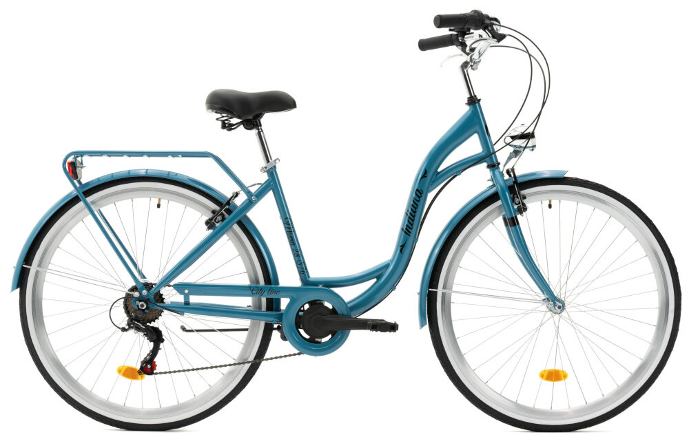 Rower miejski INDIANA Moena S7B 28 cali damski Niebieski rower na białym tle widoczny z boku komfort jazdy i odpowiednia kontrola nad rowerem 17-calowa aluminiowa rama typu holenderskiego rower jest zwinny lekki łatwo podnieść go odporność na korozję wybór rozmiaru ramy Twój wzrost mierzony w zrelaksowanej pozycji typ roweru dla osób o wzroście od 165 do 174 cm