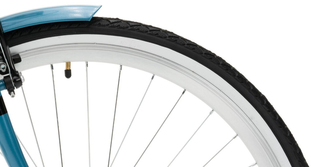 Rower miejski INDIANA Moena S7B 28 cali damski Niebieski zbliżenie na oponę rozmiar koła 28 cali łatwo pokonać różne przeszkody wąskie opony renomowanej marki WANDA stożkowe obręcze zachowanie regularnego kształtu kół stabilne trzymanie opony regularne sprawdzanie ciśnienia powietrza wartość na bocznej części opony