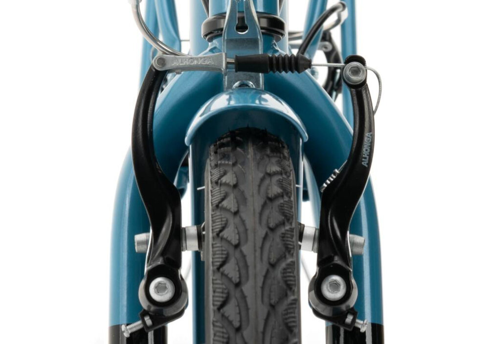 Rower miejski INDIANA Moena S7B 28 cali damski Niebieski zbliżenie na przedni hamulec podstawa bezpieczeństwa hamulce V-Brake lekkie duża siła hamowania hamulce z przodu i z tyłu podwójny pakiet bezpieczeństwa