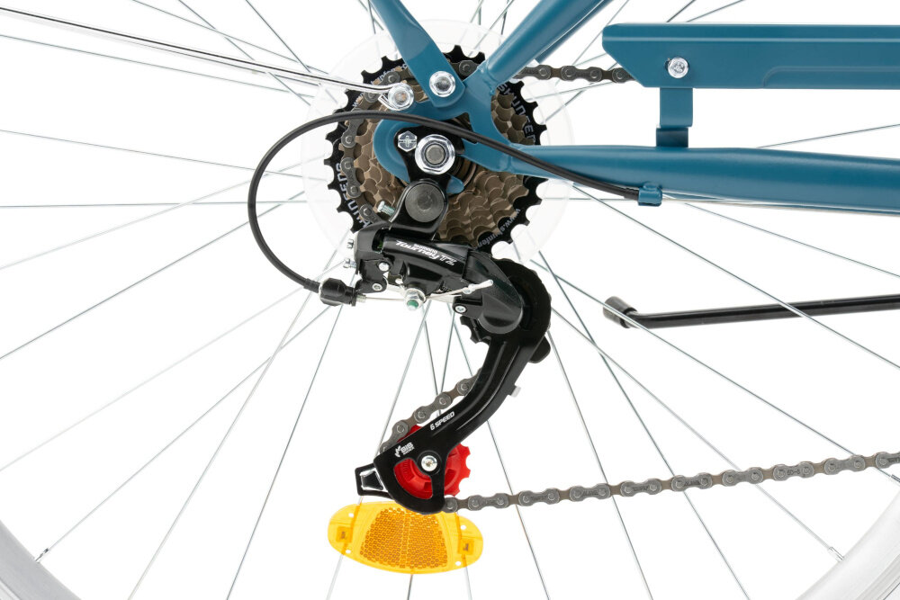 Rower miejski INDIANA Moena S7B 28 cali damski Niebieski zbliżenie na przerzutkę 7 przełożeń tylne przerzutki SHIMANO Tourney duża wytrzymałość i sprawne działanie zmiana biegów jest płynna i bezproblemowa obrotowa manetka SHIMANO RevoShift dobranie właściwego przełożenia do danego terenu