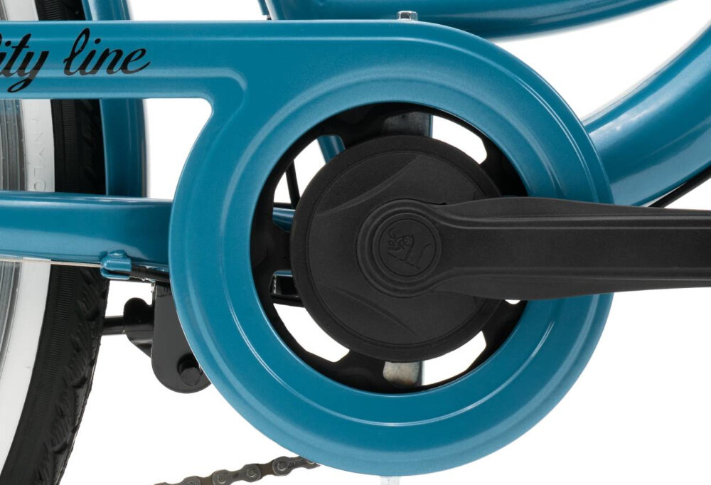 Rower miejski INDIANA Moena S7B 28 cali damski Niebieski zbliżenie na korbę widoczną z boku stalowa i wydajna konstrukcja korby marki JIWAN 38T wolnobieg marki JIWAN 38T wytrzyma obciążenie nawet w trudnych warunkach wytrzyma bardzo duży nacisk na pedały