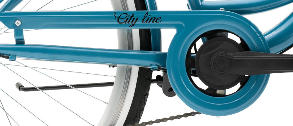 Rower miejski INDIANA Moena S7B 28 cali damski Niebieski zbliżenie na osłonę łańcucha osłona łańcucha ochronę przed brudem długa żywotność łańcucha bezpieczeństwo użytkowania błotniki ochrona przed zachlapaniem i brudem zapobiegają przenoszeniu brudu z koła