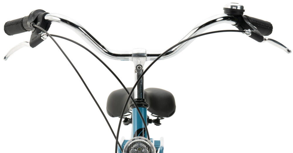 Rower miejski INDIANA Moena S7B 28 cali damski Niebieski zbliżenie na kierownicę kierownica widoczna od przodu wąska kierownicy odporna na uszkodzenia mechaniczne uchwyty z antypoślizgowym wykończeniem stalowo-aluminiowy wspornik stabilne podparcie odpowiednia pozycja ciała