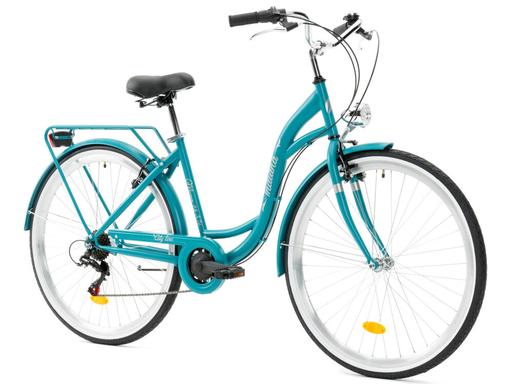 Rower miejski INDIANA Moena S7B 28 cali damski Morski rower na białym tle widoczny od przodu pod skosem uniwersalny rower miejski dla kobiet do codziennych dojazdów praktyczny ekologiczny środek transportu