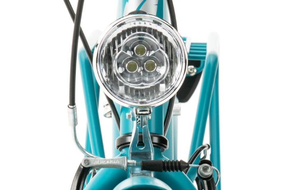 Rower miejski INDIANA Moena S7B 28 cali damski Morski zbliżenie na przednią lampę bezpieczeństwo przednie i tylne oświetlenie LED dobra widoczność bezpieczeństwo na drodze zasilane przez baterie odblaski dobrze widoczny na drodze bezpieczny wymagane przez prawo drogowe