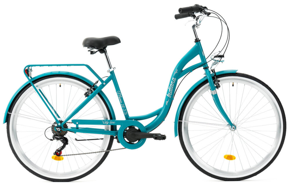 Rower miejski INDIANA Moena S7B 28 cali damski Morski rower na białym tle widoczny z boku komfort jazdy i odpowiednia kontrola nad rowerem 17-calowa aluminiowa rama typu holenderskiego rower jest zwinny lekki łatwo podnieść go odporność na korozję wybór rozmiaru ramy Twój wzrost mierzony w zrelaksowanej pozycji typ roweru dla osób o wzroście od 165 do 174 cm