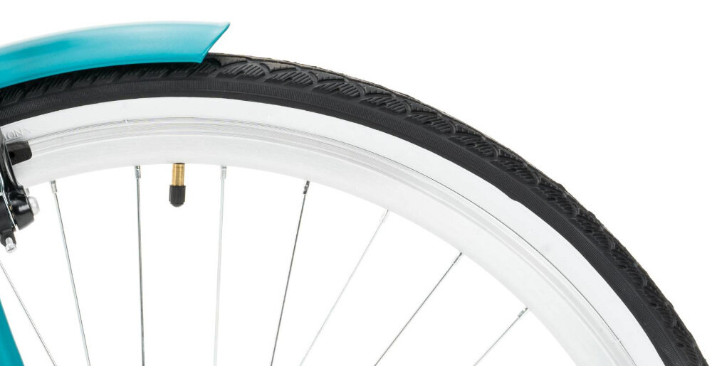 Rower miejski INDIANA Moena S7B 28 cali damski Morski zbliżenie na oponę rozmiar koła 28 cali łatwo pokonać różne przeszkody wąskie opony renomowanej marki WANDA stożkowe obręcze zachowanie regularnego kształtu kół stabilne trzymanie opony regularne sprawdzanie ciśnienia powietrza wartość na bocznej części opony