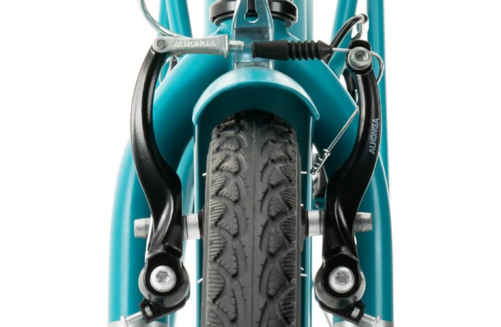 Rower miejski INDIANA Moena S7B 28 cali damski Morski zbliżenie na przedni hamulec podstawa bezpieczeństwa hamulce V-Brake lekkie duża siła hamowania hamulce z przodu i z tyłu podwójny pakiet bezpieczeństwa