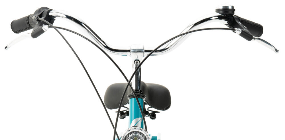 Rower miejski INDIANA Moena S7B 28 cali damski Morski zbliżenie na kierownicę kierownica widoczna od przodu wąska kierownicy odporna na uszkodzenia mechaniczne uchwyty z antypoślizgowym wykończeniem stalowo-aluminiowy wspornik stabilne podparcie odpowiednia pozycja ciała