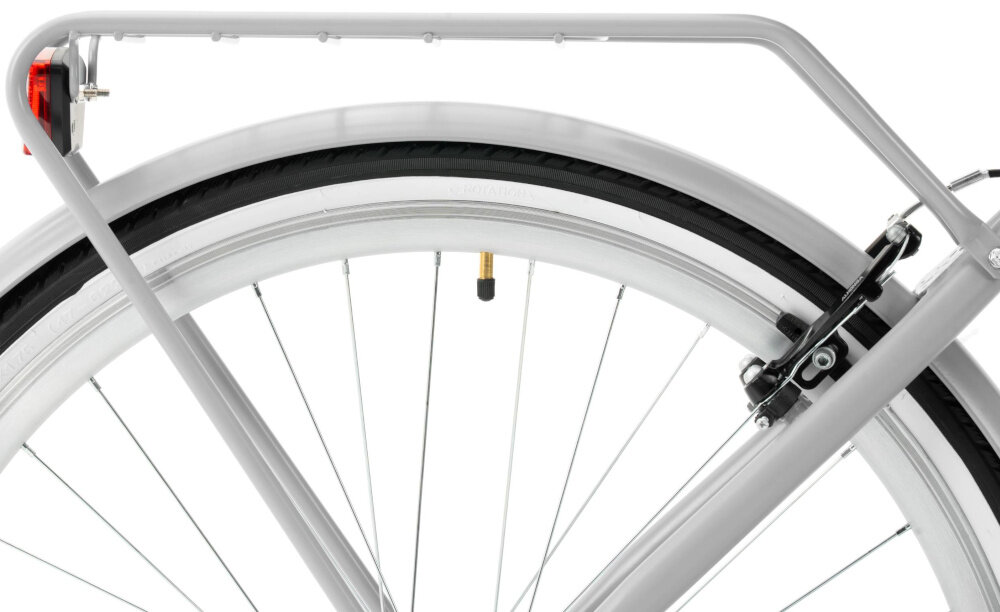 Rower miejski INDIANA Moena S7B 28 cali damski Srebrny zbliżenie na bagażnik bagażnik składana stopka w centralnym punkcie ciężkości dzwonek bezpieczne podróżowanie