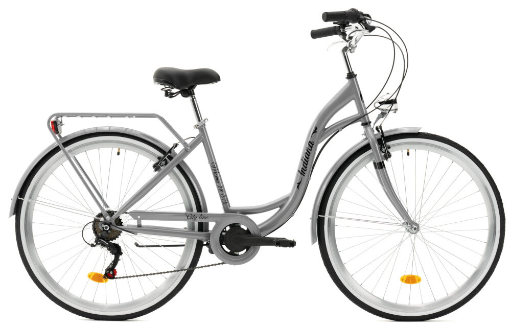 Rower miejski INDIANA Moena S7B 28 cali damski Srebrny rower na białym tle widoczny z boku komfort jazdy i odpowiednia kontrola nad rowerem 17-calowa aluminiowa rama typu holenderskiego rower jest zwinny lekki łatwo podnieść go odporność na korozję wybór rozmiaru ramy Twój wzrost mierzony w zrelaksowanej pozycji typ roweru dla osób o wzroście od 165 do 174 cm