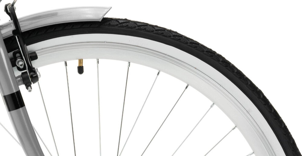 Rower miejski INDIANA Moena S7B 28 cali damski Srebrny zbliżenie na oponę rozmiar koła 28 cali łatwo pokonać różne przeszkody wąskie opony renomowanej marki WANDA stożkowe obręcze zachowanie regularnego kształtu kół stabilne trzymanie opony regularne sprawdzanie ciśnienia powietrza wartość na bocznej części opony