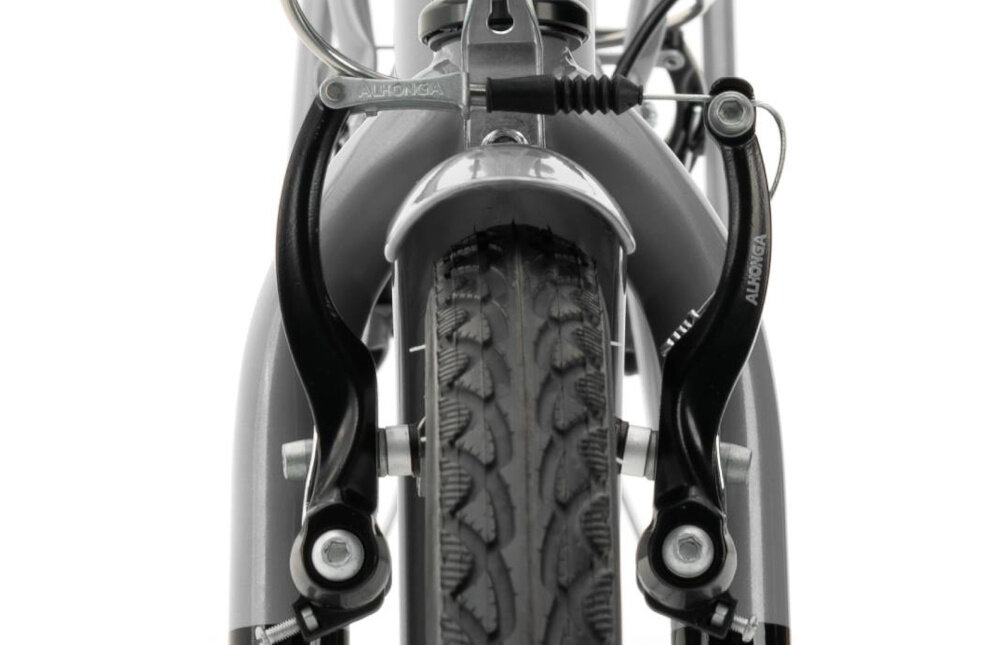 Rower miejski INDIANA Moena S7B 28 cali damski Srebrny zbliżenie na przedni hamulec podstawa bezpieczeństwa hamulce V-Brake lekkie duża siła hamowania hamulce z przodu i z tyłu podwójny pakiet bezpieczeństwa