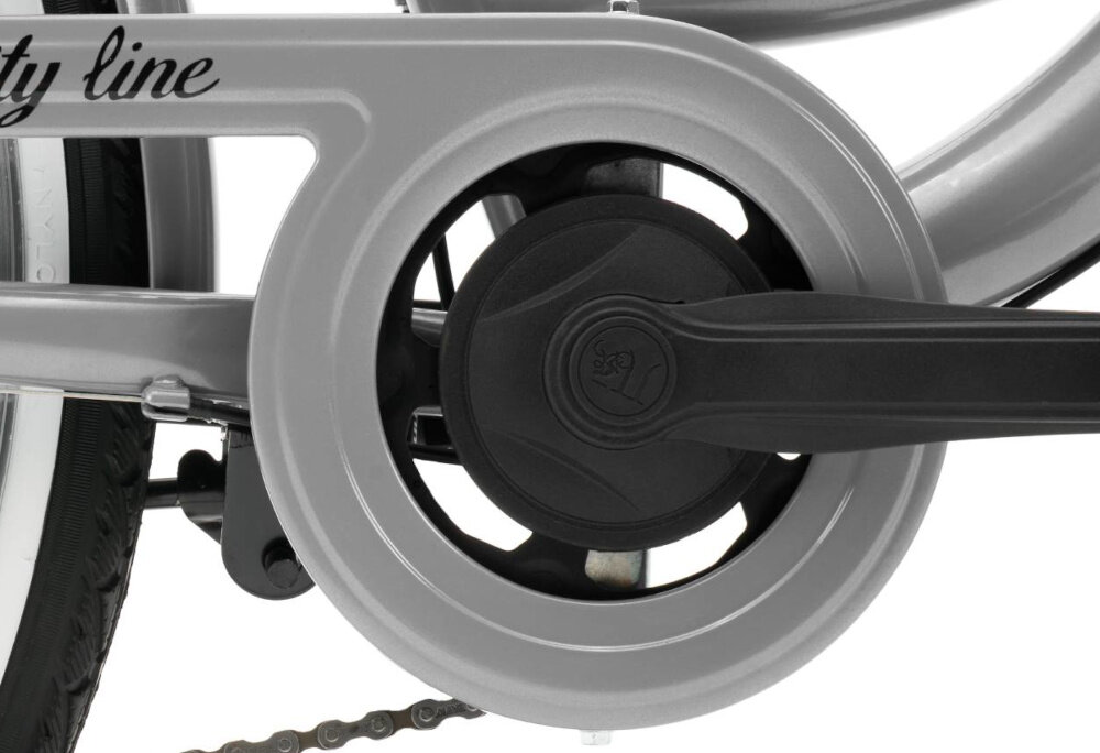 Rower miejski INDIANA Moena S7B 28 cali damski Srebrny zbliżenie na korbę widoczną z boku stalowa i wydajna konstrukcja korby marki JIWAN 38T wolnobieg marki JIWAN 38T wytrzyma obciążenie nawet w trudnych warunkach wytrzyma bardzo duży nacisk na pedały