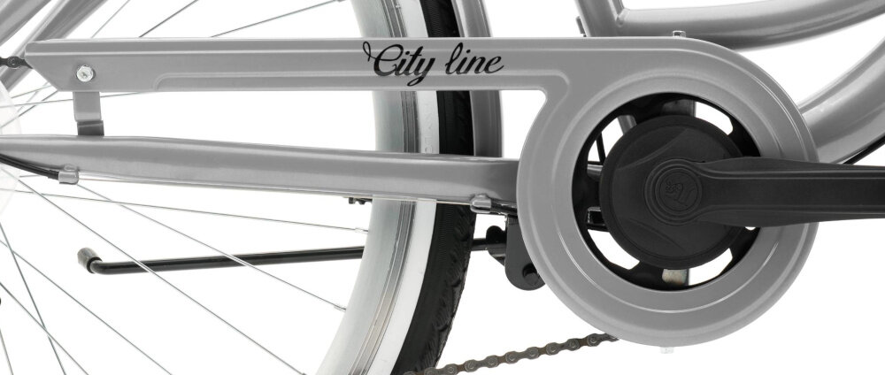 Rower miejski INDIANA Moena S7B 28 cali damski Srebrny zbliżenie na osłonę łańcucha osłona łańcucha ochronę przed brudem długa żywotność łańcucha bezpieczeństwo użytkowania błotniki ochrona przed zachlapaniem i brudem zapobiegają przenoszeniu brudu z koła