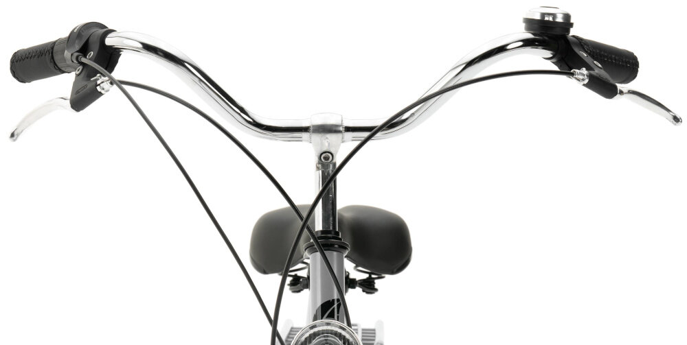 Rower miejski INDIANA Moena S7B 28 cali damski Srebrny zbliżenie na kierownicę kierownica widoczna od przodu wąska kierownicy odporna na uszkodzenia mechaniczne uchwyty z antypoślizgowym wykończeniem stalowo-aluminiowy wspornik stabilne podparcie odpowiednia pozycja ciała