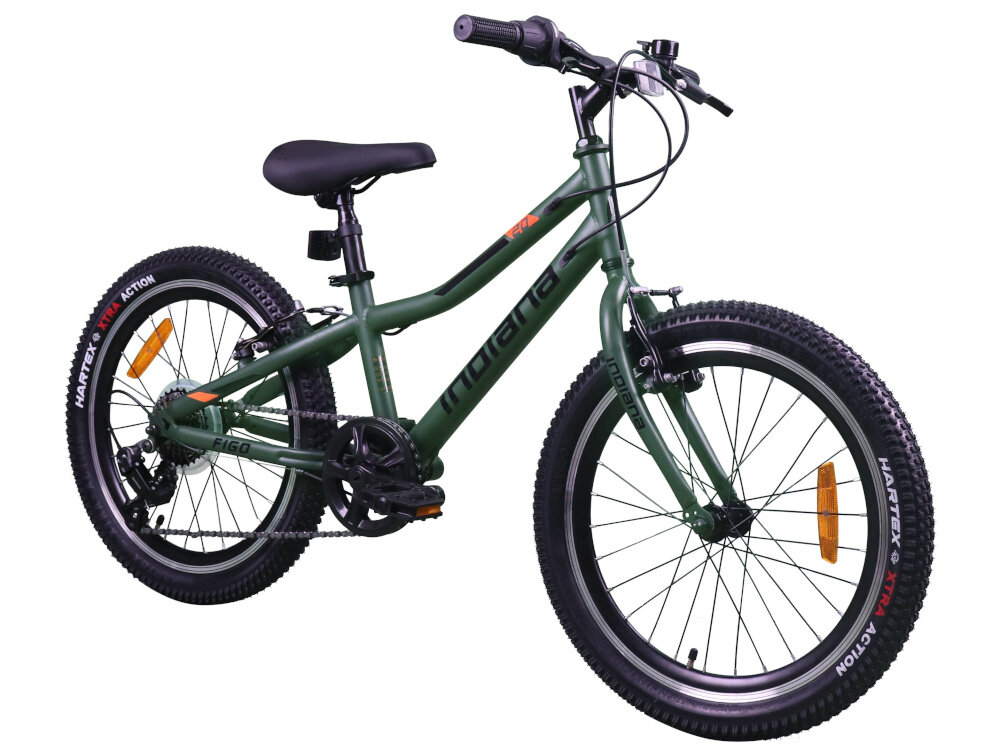 Oliwkowy rower dziecięcy z napisem \'indiana\' na ramie, wyposażony w czarne opony z białym napisem \'HARTEX XTM ACTION\'.