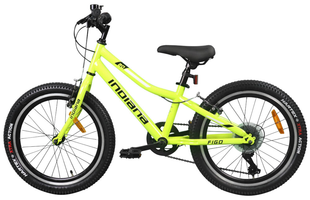 Rower dziecięcy w kolorze limonkowym z napisem \'indiana\' na ramie. Opony mają napis \'HARTEC XTRA ACTION\'.
