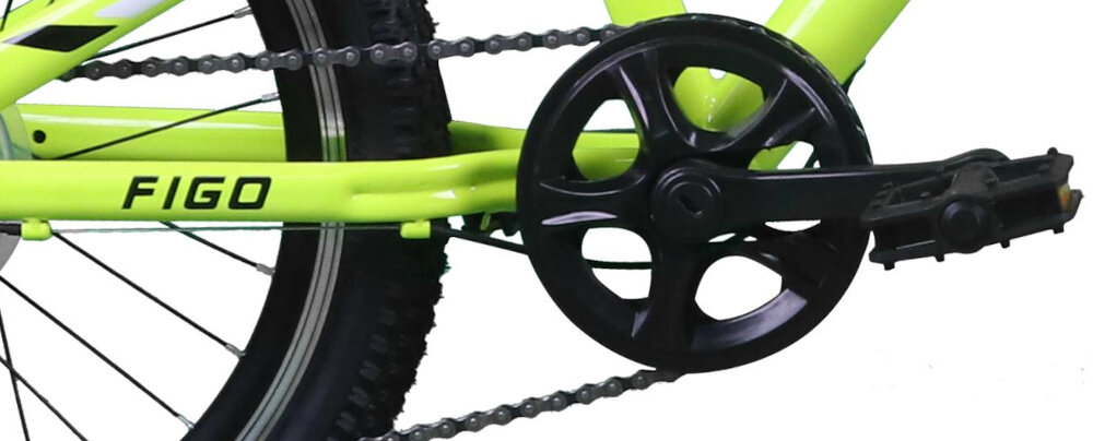 Fragment roweru w kolorze limonkowym z widocznym napisem \'FIGO\' na ramie oraz czarnym mechanizmem korbowym i pedałem.