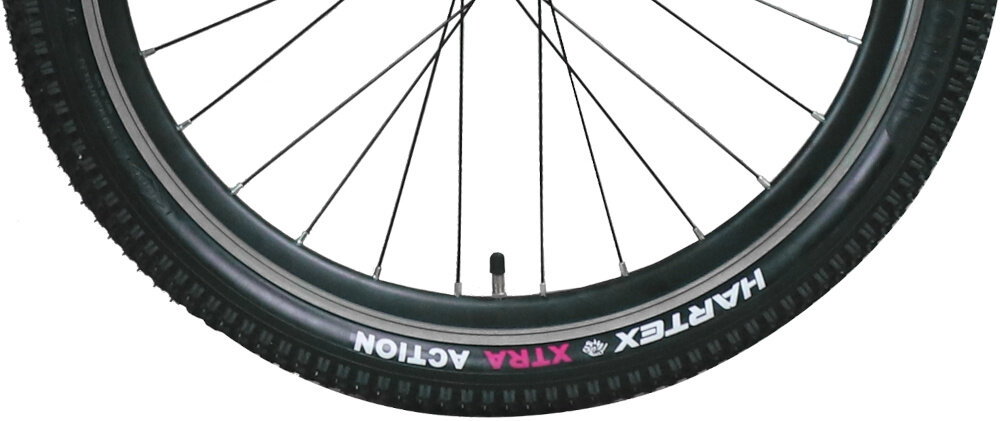 Rower młodzieżowy INDIANA Falcon 24 cale dla dziewczynki Niebieski zbliżenie na oponę białe tło 24-calowe koła szerokie opony marki HARTEX dobrą przyczepność podczas jazdy aluminiowe obręcze stabilne trzymanie opony bezpieczna i komfortowa jazda regularne sprawdzanie ciśnienia powietrza wartość na bocznej części opony