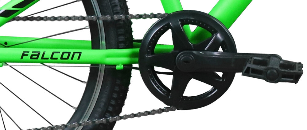 Rower młodzieżowy INDIANA Falcon 24 cale dla chłopca Zielony zbliżenie na korbę i łańcuch stalowa korba marki INDIANA sprawne przenoszenie siły z pedałów na napęd zintegrowana osłona z tworzywa sztucznego stalowy wolnobieg typu 14–28z marki BEST płynne przekazywanie napędu na tylne koło sprzyja stabilnej pracy mechanizmu