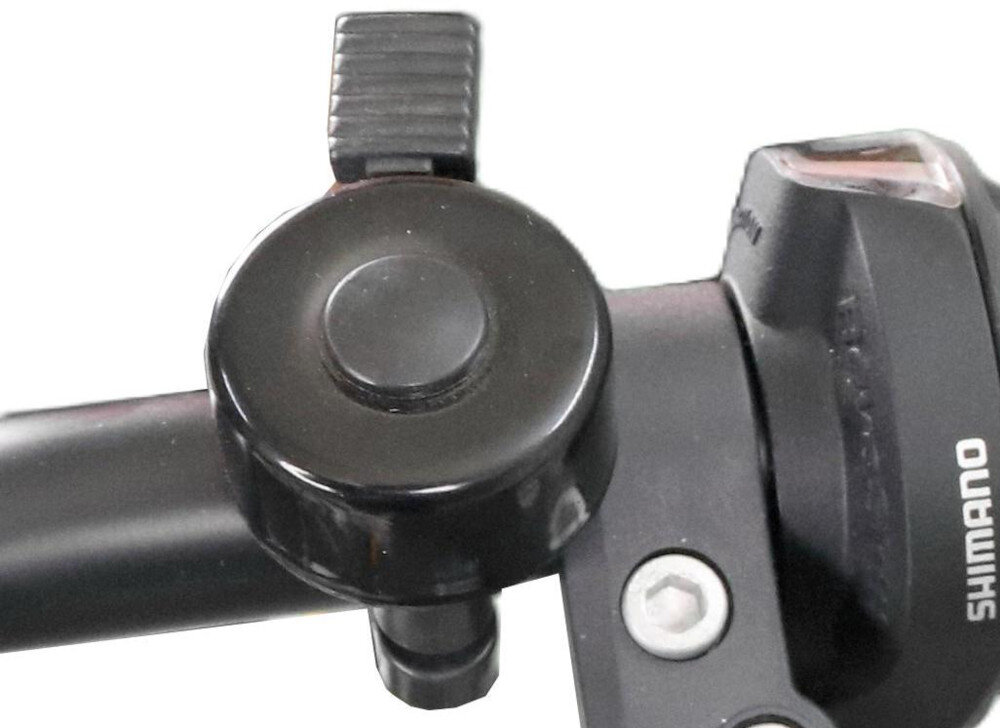 Rower młodzieżowy INDIANA X-Pulser 2.7 27.5 cala dla chłopca Limonkowy zbliżenie na dzwonek białe tło praktyczny dzwonek sygnalizowanie swojej obecności element zwiększający bezpieczeństwo