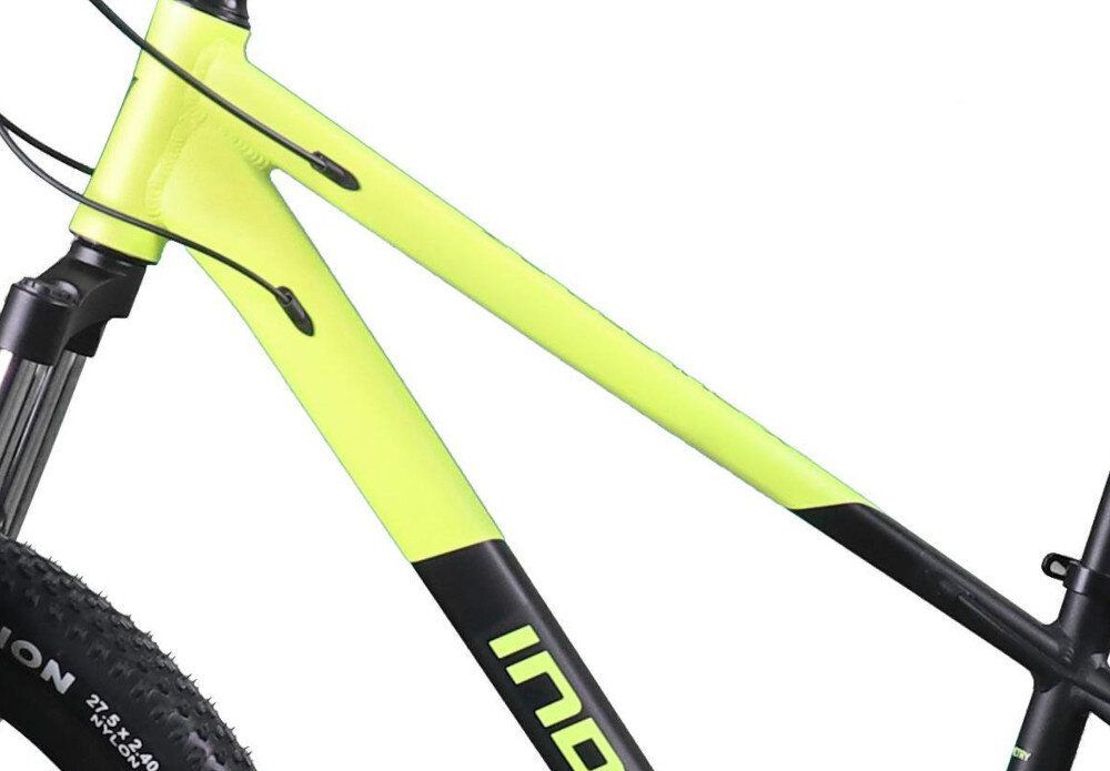 Rower młodzieżowy INDIANA X-Pulser 2.7 27.5 cala dla chłopca Limonkowy zbliżenie na ramę białe tło komfort jazdy odpowiednia kontrola nad rowerem 14-calowa aluminiowa rama rower jest bardzo zwinny lekki waga 15,9 kg łatwo go podnieść odporność na korozję wybór rozmiaru ramy Twój wzrost mierzony w zrelaksowanej pozycji typ roweru